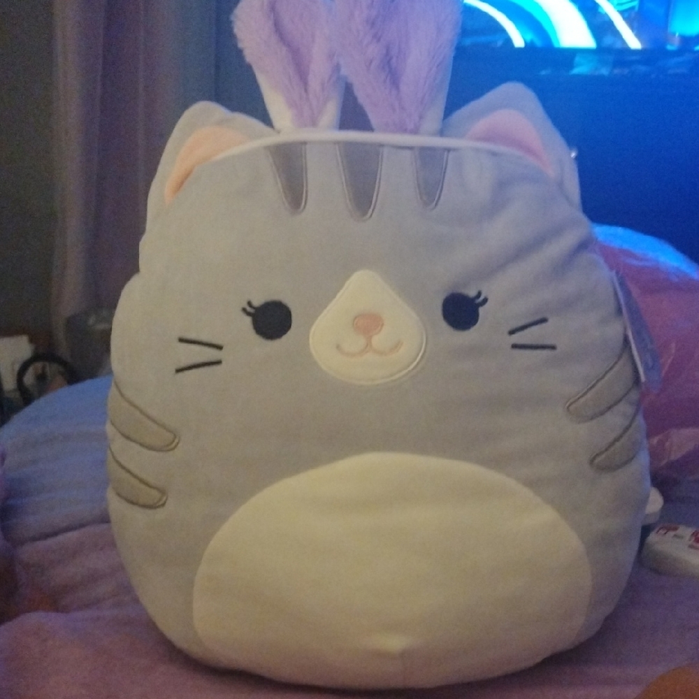 Squishmellow Tally Cat W/Purple Bunny Ears Gray and White Plush 14" NWT EASTER